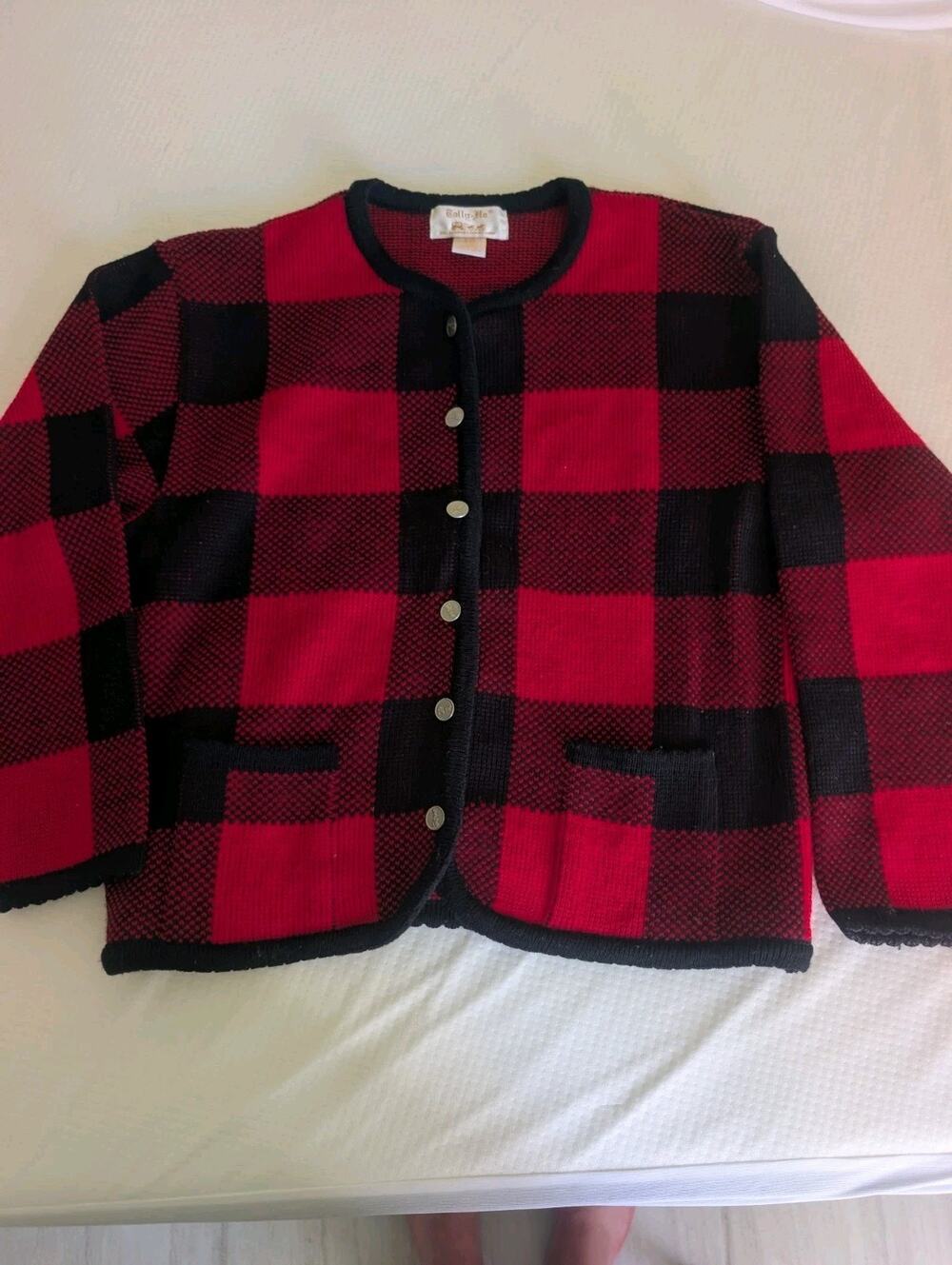 Vintage Tally Ho Holiday Cardigan Sweater Womens M Red & Black Plaid Tartan